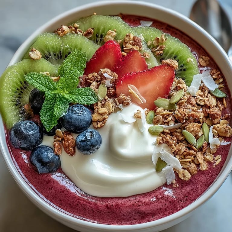 Creamy Beet and Berry Smoothie Bowl in a bright bowl, garnished with shredded coconut and mint leaves for a refreshing morning meal.