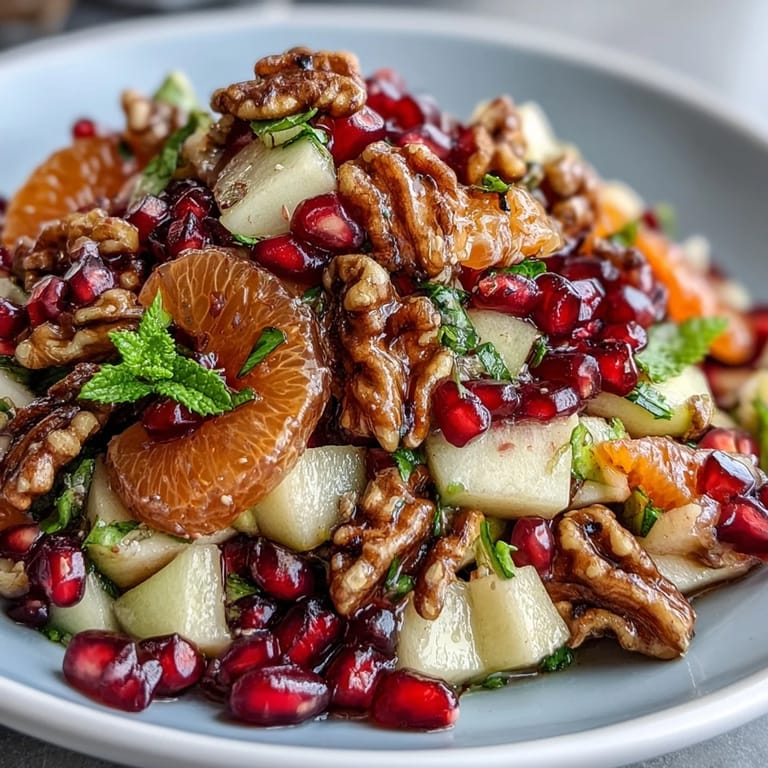 A bowl of Pomegranate and Walnut Salad features crunchy pumpkin seeds, sunflower seeds, and a light honey-lemon dressing for a refreshing anti-inflammatory boost.  