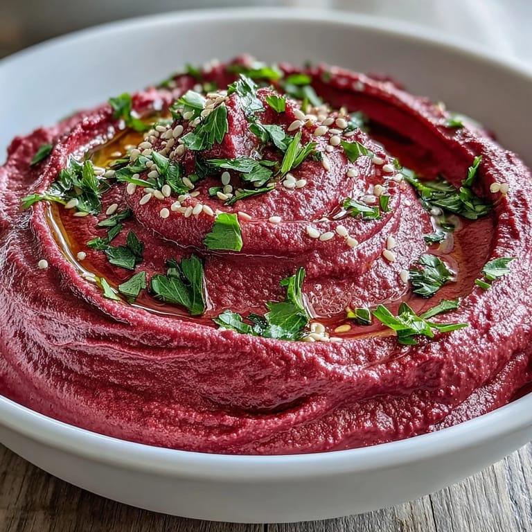 Deep magenta Roasted Beet Hummus with a drizzle of olive oil and fresh herbs.
