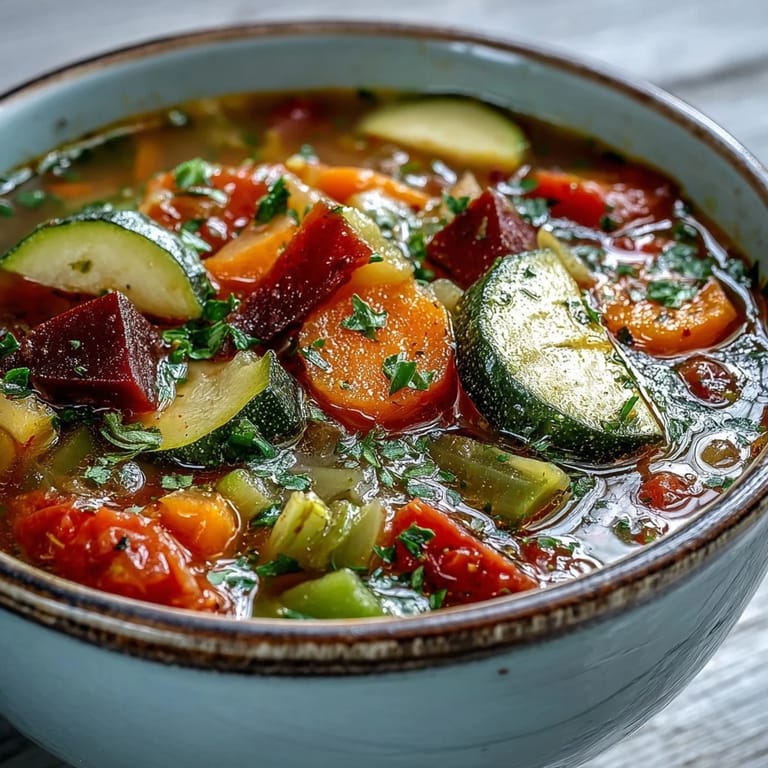 Garnished Rainbow Vegetable Detox Soup served in a rustic white bowl, perfect for a light vegan lunch.
