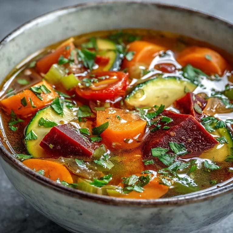 Freshly prepared pot of Rainbow Vegetable Detox Soup with vibrant red tomatoes and green spinach leaves.