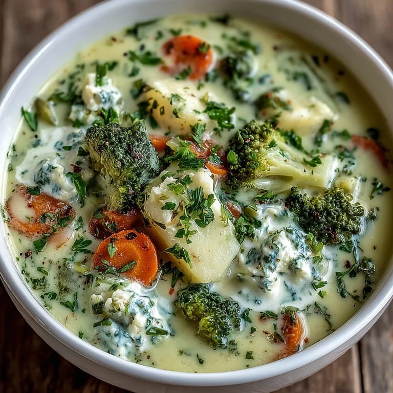 A ladleful of Creamy Vegetable Soup being poured, revealing the smooth, velvety texture and bright vegetable colors.