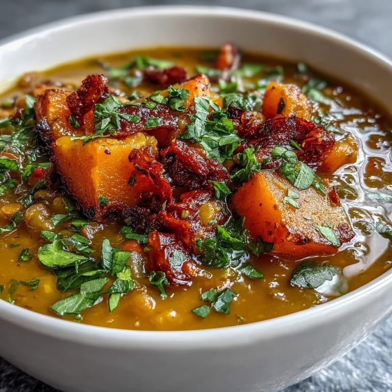 Vibrant orange butternut squash and lentil soup blended smooth, with a swirl of olive oil and fresh herbs.