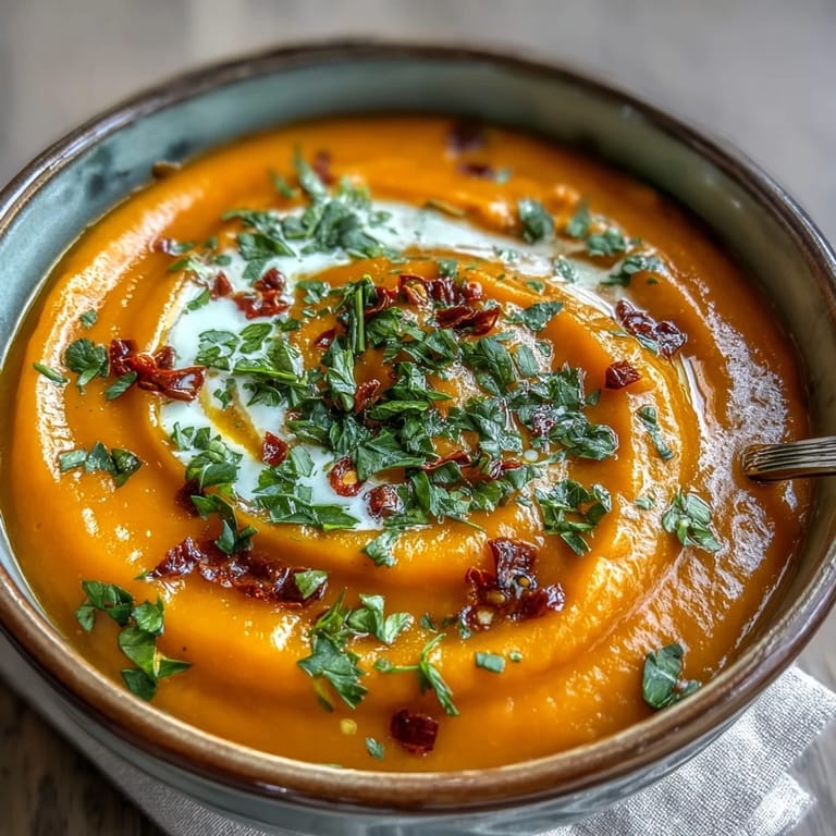 A spoon dips into a velvety bowl of Carrot, Celeriac and Chilli Soup, highlighting its smooth texture. The gentle heat from chilli and spices shines in this easy vegan recipe.