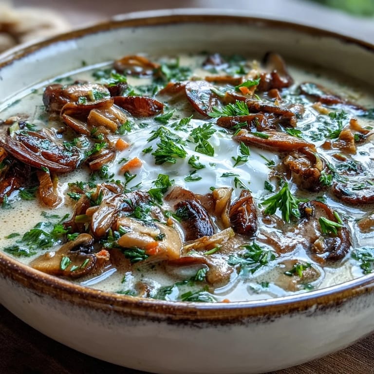 A rich bowl of Creamy Mushroom Stroganoff Soup with crusty bread on the side, ready for a cozy vegetarian meal.
