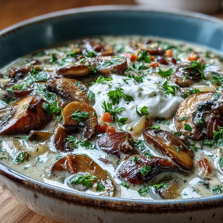 Deep golden Creamy Mushroom Stroganoff Soup in a white ceramic bowl, highlighting sautéed mushrooms and a luscious texture.