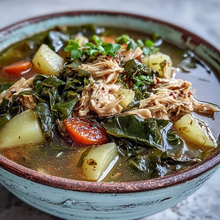 Tender shredded chicken and greens in Collard Greens, Chicken and Vegetable Soup with bright carrots.
