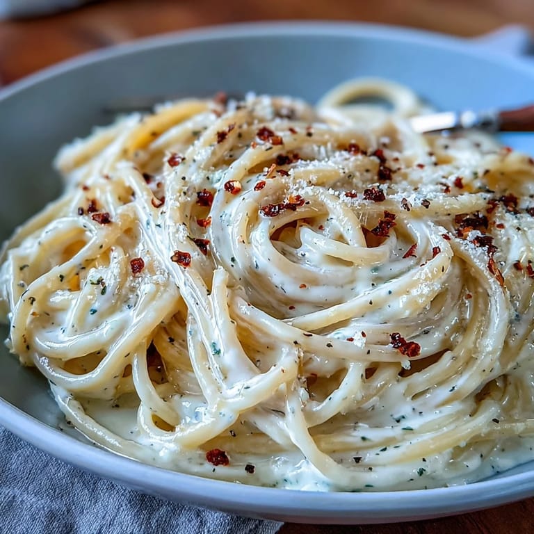 Serving platter of Cacio e Pepe pasta garnished with cracked pepper and grated Pecorino, ready to eat.