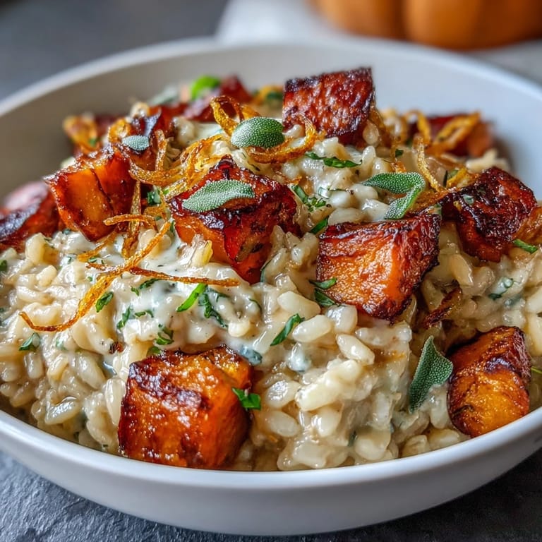 Hot Vegan Pumpkin Risotto With Crispy Sage in a white bowl, steam rising, garnished with fresh sage and lemon zest.