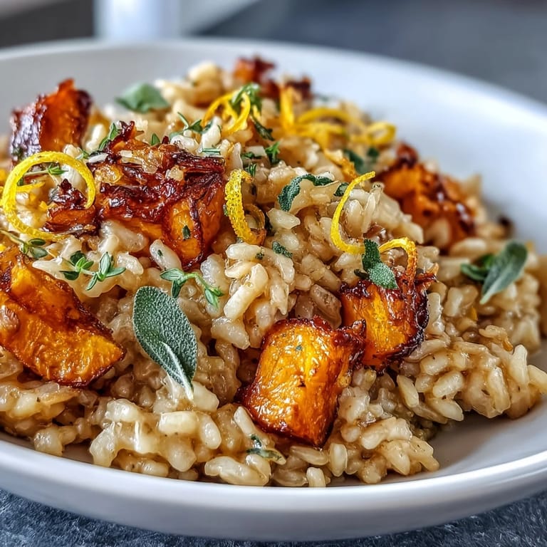 A close-up of Vegan Pumpkin Risotto With Crispy Sage topped with crispy sage leaves and a dusting of nutritional yeast.