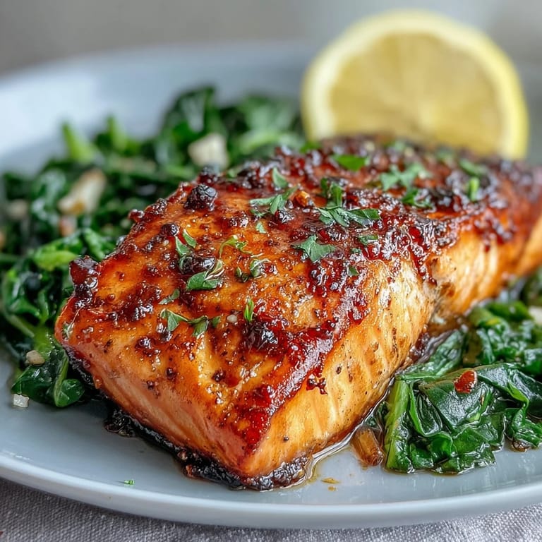 Perfectly cooked Air Fryer Salmon and Swiss Chard plated on white, highlighting the juicy pink flesh and tender, wilted greens.