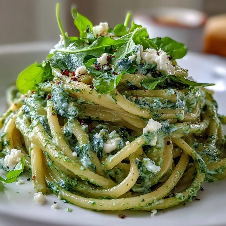 Savory Linguine with Arugula Pesto served in a bowl beside crisp salad greens.