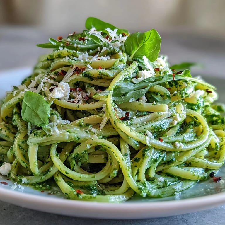 Creamy Linguine with Arugula Pesto plated with grated Parmesan and a lemon wedge.