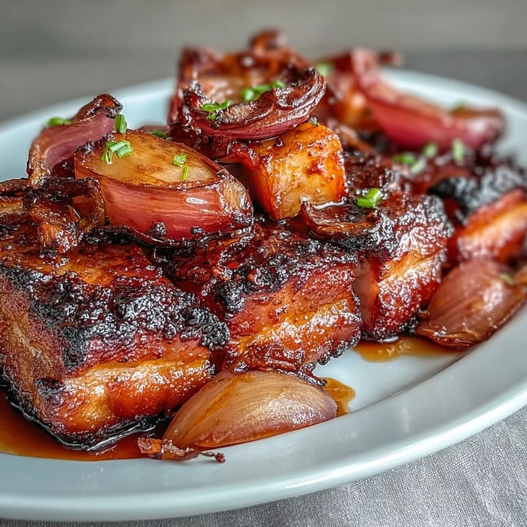 Fresh ginger, orange zest, and warming spices coat the succulent pork slices, roasted alongside bright pink rhubarb and soft onions for a sweet and tangy aroma.