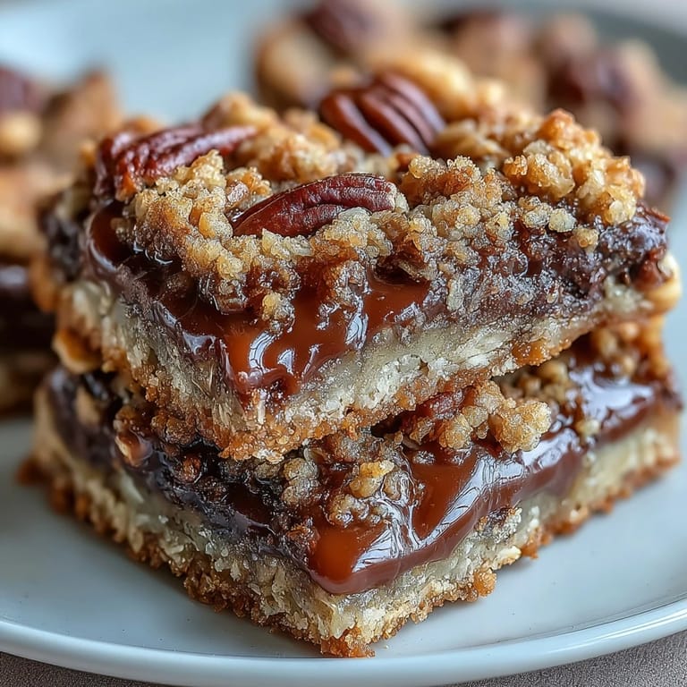 A close-up of Decadent Sweet and Chewy Turtle Bars with Chocolate and Caramel highlights gooey caramel swirls and toasted oats.  