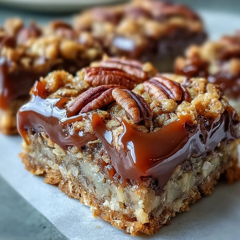Serve these Decadent Sweet and Chewy Turtle Bars with Chocolate and Caramel as an indulgent American dessert for parties.