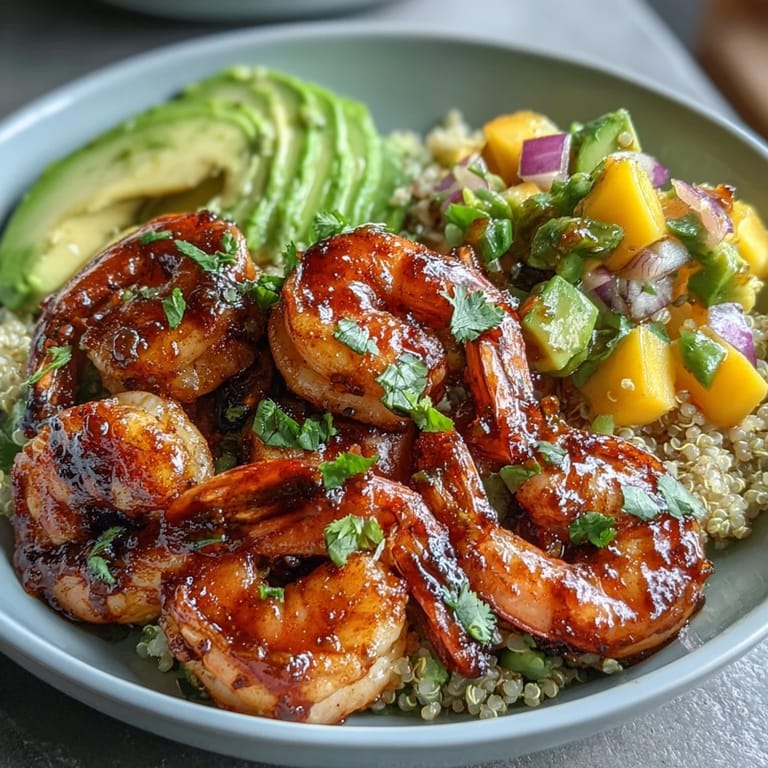Freshly prepared shrimp bowls feature smoky grilled seafood, creamy avocado chunks, and a colorful, juicy mango salsa for a refreshing summer dinner.