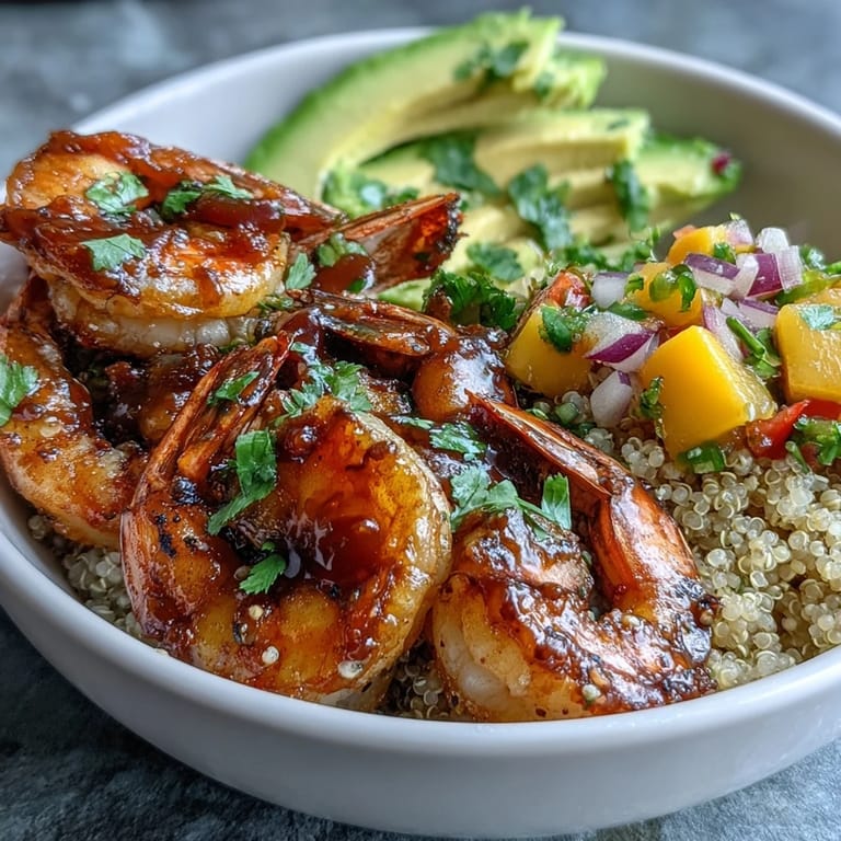 Juicy grilled shrimp with smoky paprika are layered over quinoa and avocado, finished with a zesty mango salsa and tangy lime chili drizzle.