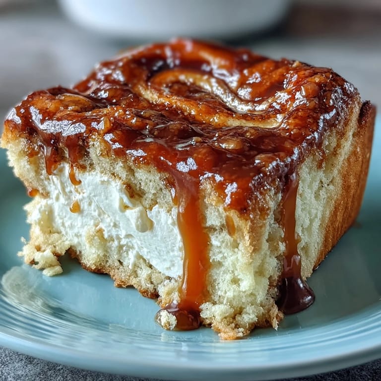Freshly baked loaves of Caramel Cream Cheese Bread on a wire rack, with a glossy caramel drizzle topping the golden-brown crust and inviting crumbs on the board.