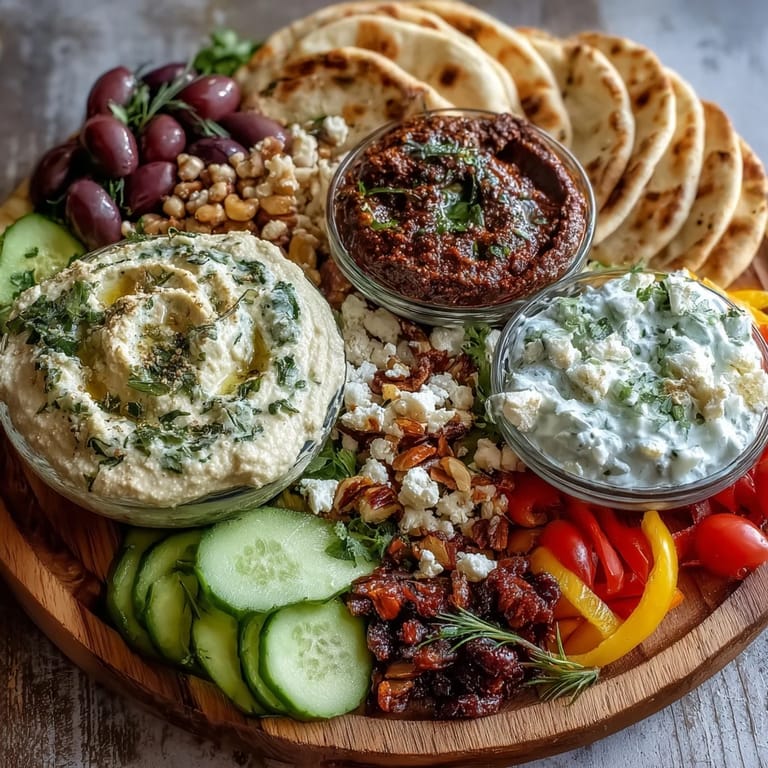 A close-up of a Mediterranean Brunch Board showing crumbled feta, mixed nuts, and rich dips ready for dipping.