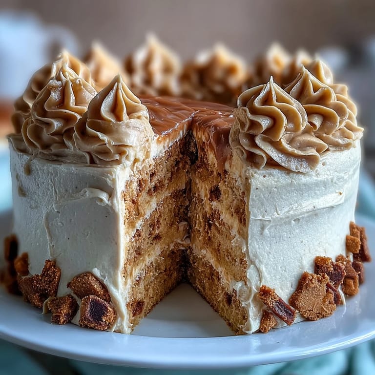 A freshly frosted Decadent Baked Biscoff Cake with Creamy Lotus Frosting, garnished with crunchy Biscoff biscuit pieces and a drizzle of sweet spread.