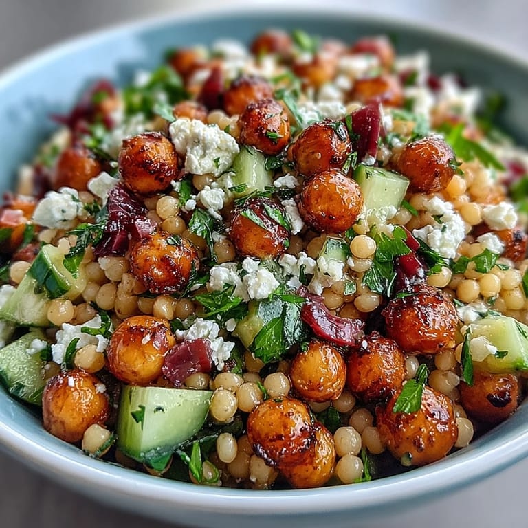 Close-up of Mediterranean Pearl Couscous topped with crumbled feta, fresh parsley, and drizzled with oregano vinaigrette.