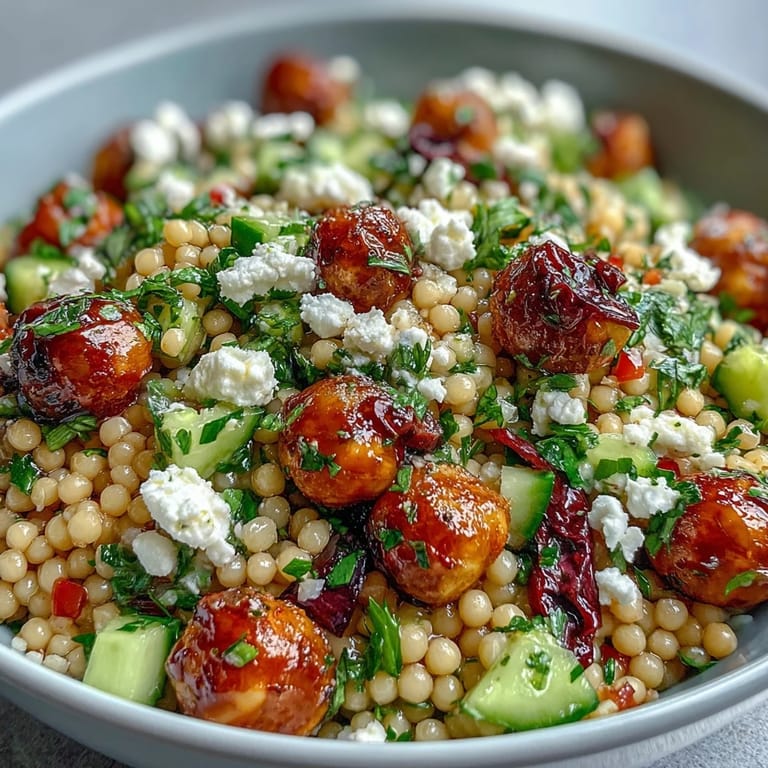 Freshly tossed Mediterranean Pearl Couscous featuring toasted pearls, crisp vegetables, and a zesty red wine vinegar dressing.