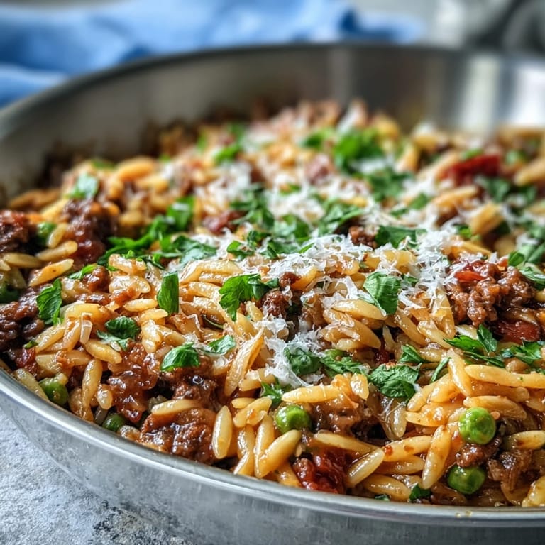 Close-up of a hearty Comforting Ground Beef Orzo Dinner, garnished with Parmesan and fresh parsley.