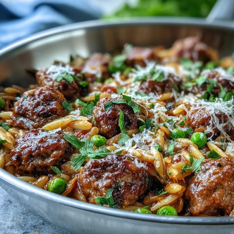 Savory Comforting Ground Beef Orzo Dinner served hot, with tender orzo and peas in a rich broth.