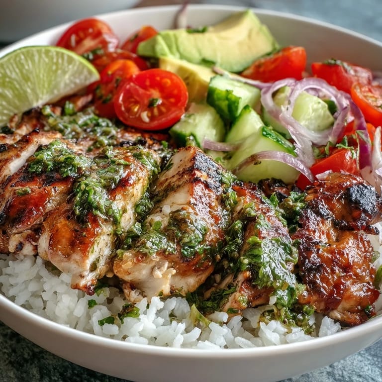 Zesty herb marinated chicken rests on steamed rice with crisp veggies in a glass bowl, served with a lime wedge.