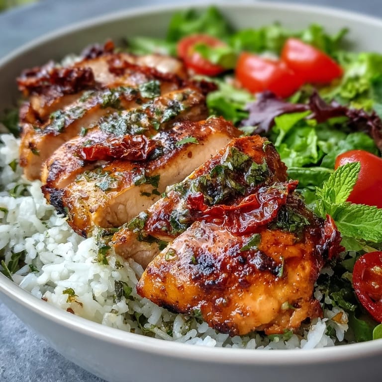 Ready-to-eat Sun-Dried Tomato Chicken Bowl with juicy chicken, vibrant salad greens, and bright red cherry tomatoes on a bed of fluffy rice.