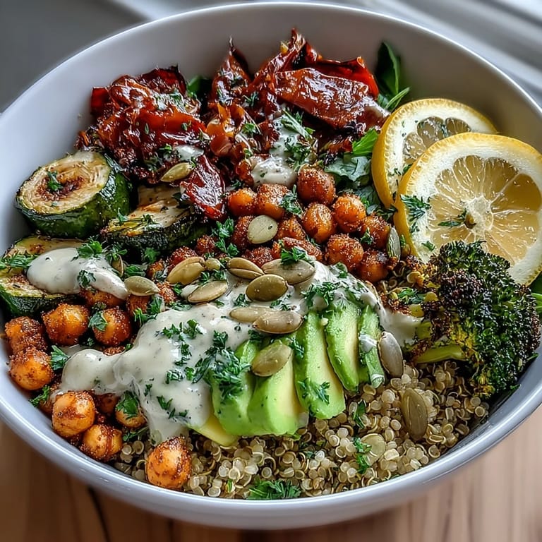 A close-up of a nourishing Vegetable and Legume Bowl, highlighting charred zucchini, creamy tahini drizzle, and toasted pumpkin seeds for a satisfying lunch.