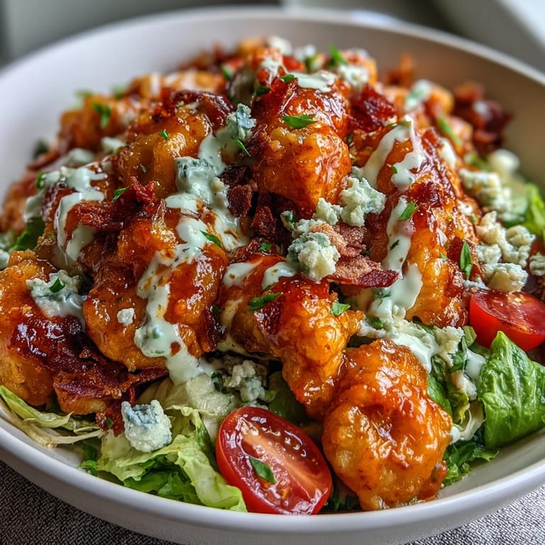 A hearty serving of warm rice forms the base of a Buffalo Chicken Bowl, drizzled with creamy ranch and blue cheese crumbles for flavor.