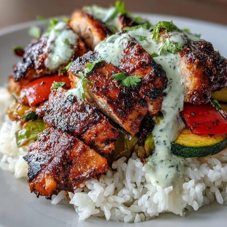 Freshly prepared Blackened Chicken Bowl featuring juicy seasoned chicken, vibrant veggies, and a dollop of creamy sauce.