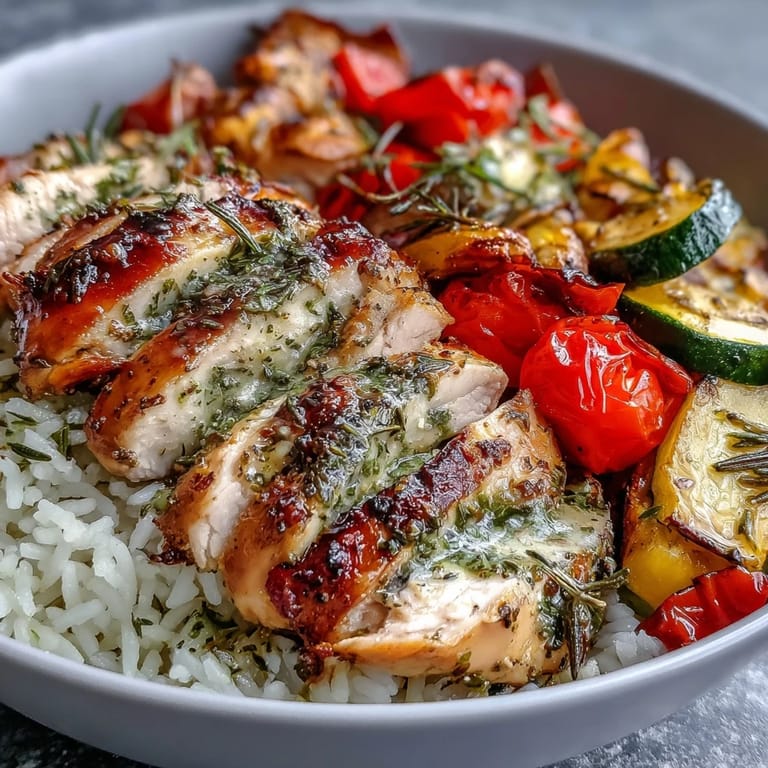 Sliced juicy Lemon Herb Roasted Chicken served over a bed of rice with roasted vegetables and a drizzled lemon dressing.