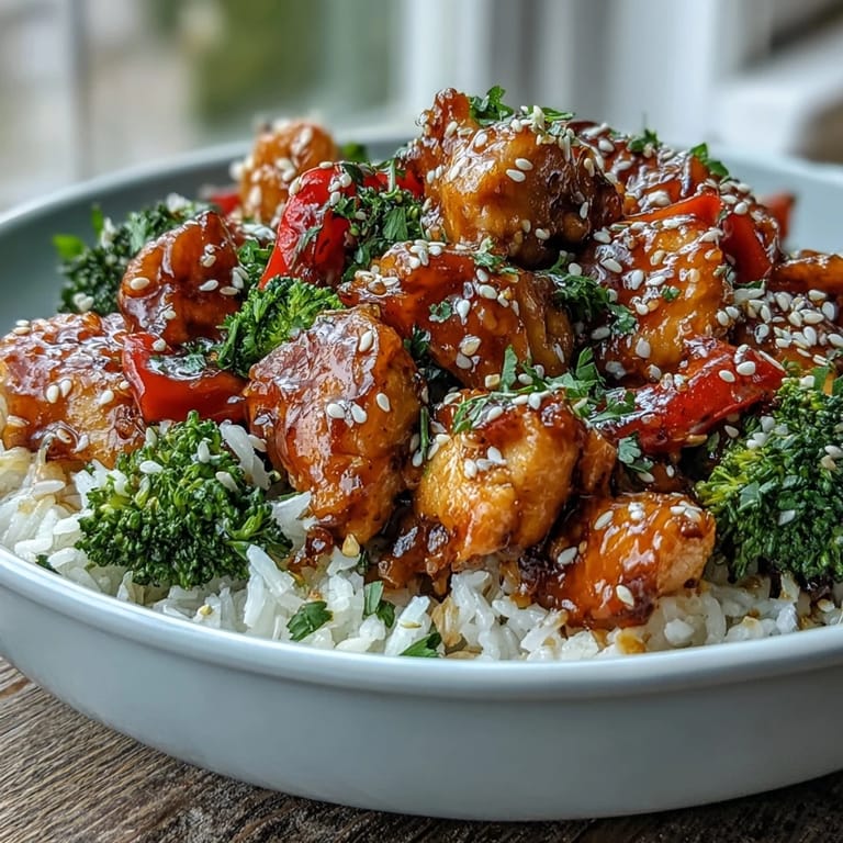 Serving suggestion for Honey Garlic Chicken Bowl topped with sesame seeds and fresh green onions on a woven placemat.