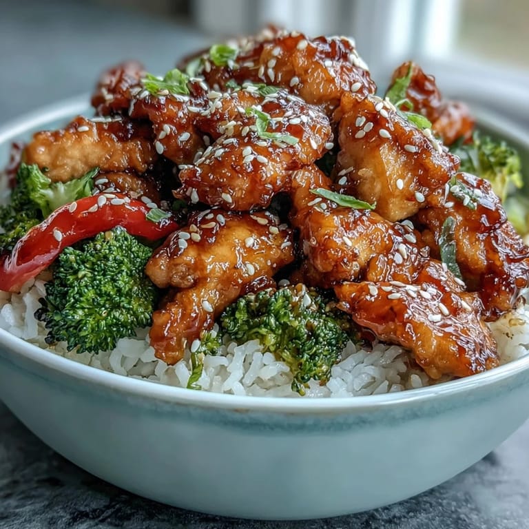 Close-up of Honey Garlic Chicken Bowl showing juicy chicken pieces, sliced carrots, and red bell peppers over rice.