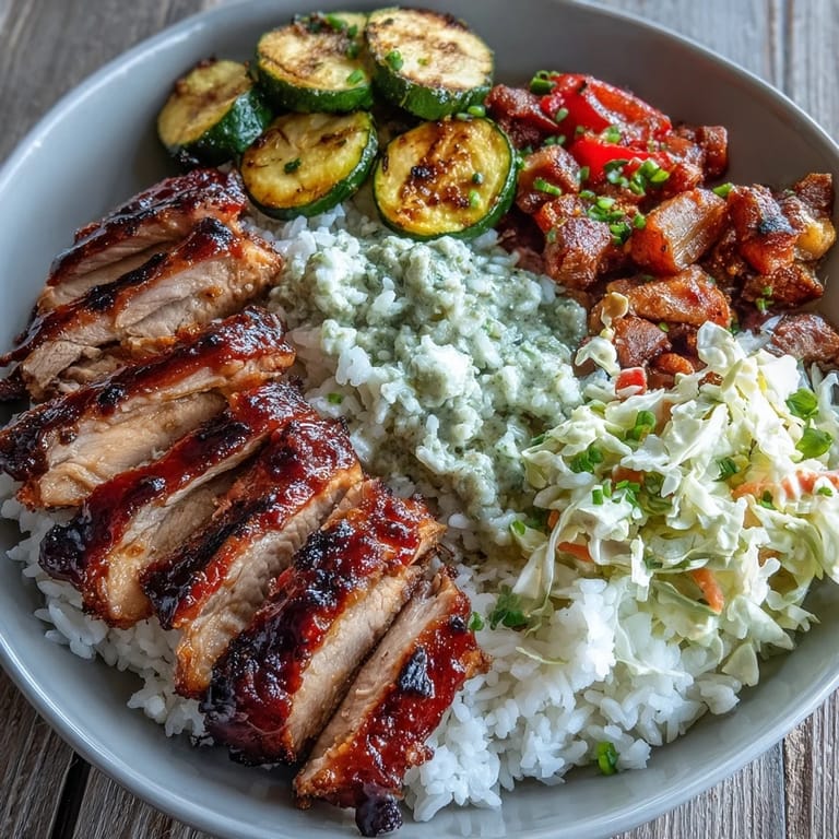 A hearty BBQ Chicken Bowl with juicy chicken, fluffy rice, crunchy slaw, and roasted vegetables, served for dinner.