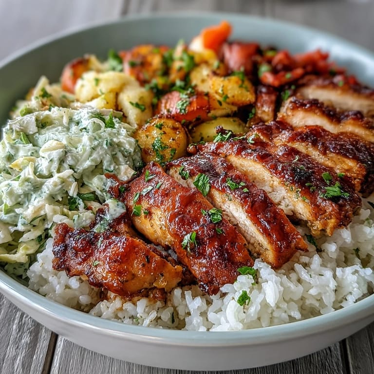 Sliced BBQ chicken over steamed rice with crunchy coleslaw and roasted veggies, drizzled with extra barbecue sauce.