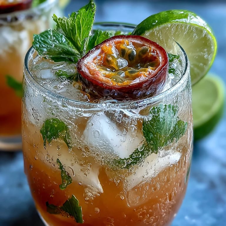 A tall glass of DIY Iced Guava Passionfruit Drink featuring sliced strawberries and a creamy coconut swirl.
