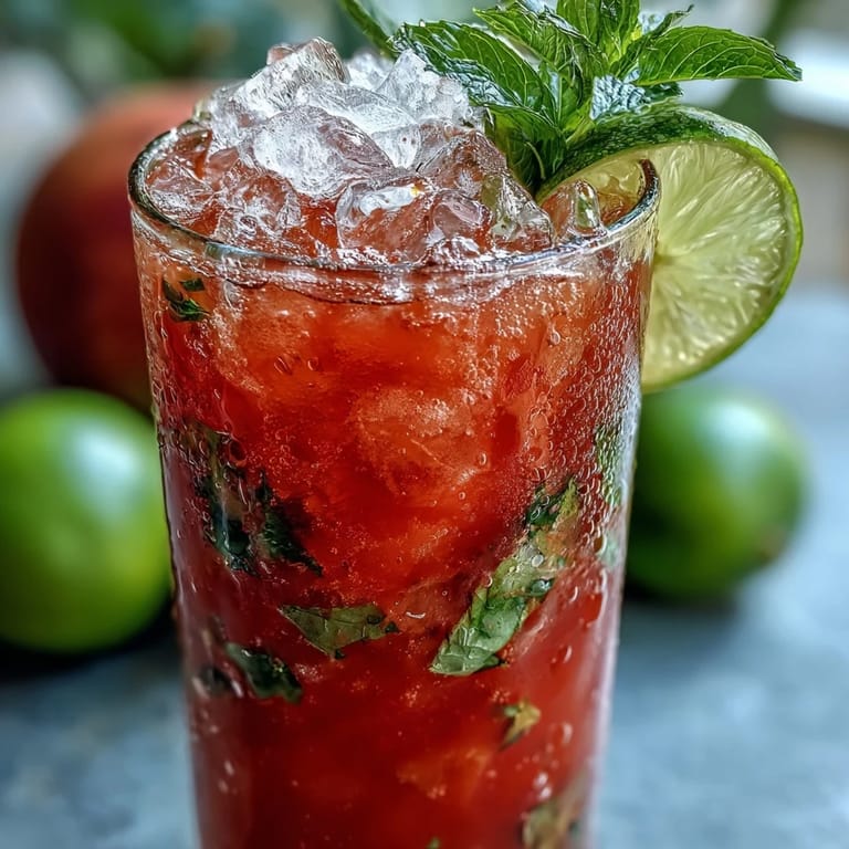 Muddled mint and fresh lime wedges in a highball glass, ready for rum and guava nectar.