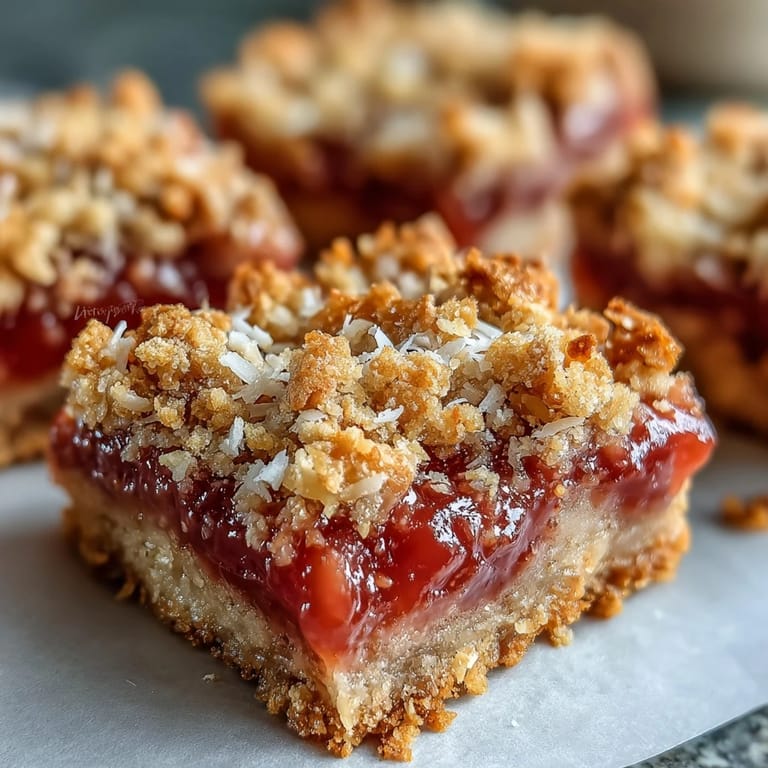 Freshly baked Guava Jam Bars on a parchment-lined tray, garnished with oats and roasted macadamia nuts.