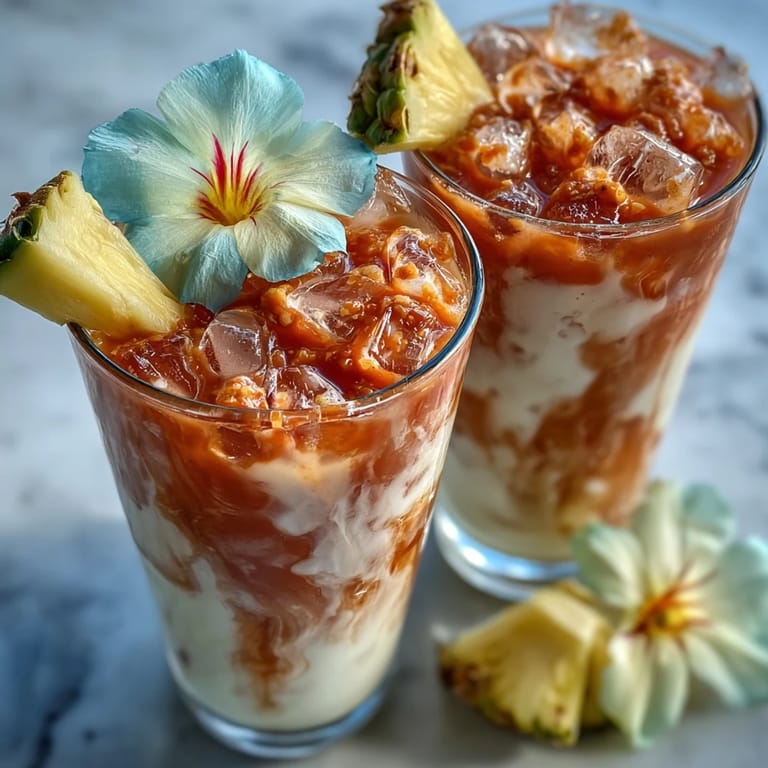 Homemade Iced Guava Passionfruit Drink poured over ice, highlighting a creamy coconut milk texture.
