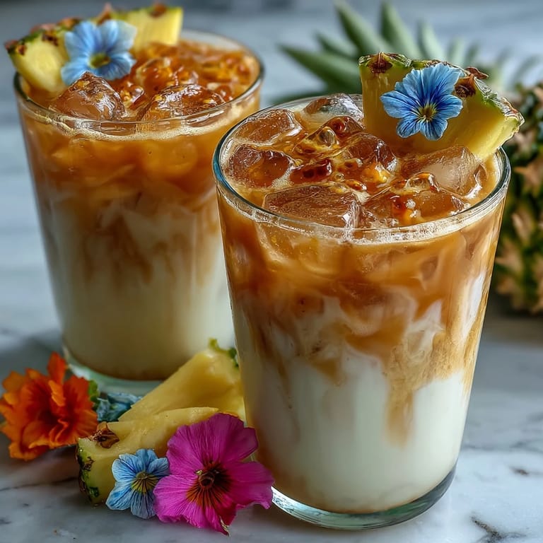 Vibrant tropical Iced Guava Passionfruit Drink inspired by Starbucks, garnished with fresh pineapple and flowers.