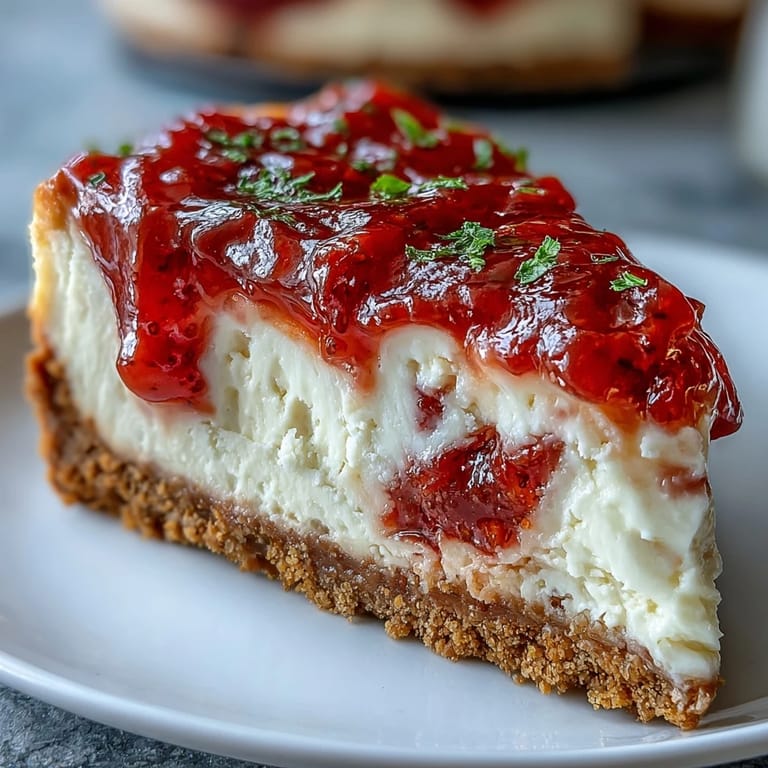 Slices of chilled Easy Guava Swirl Cheesecake reveal smooth layers and tropical guava topping on a rustic wooden table.
