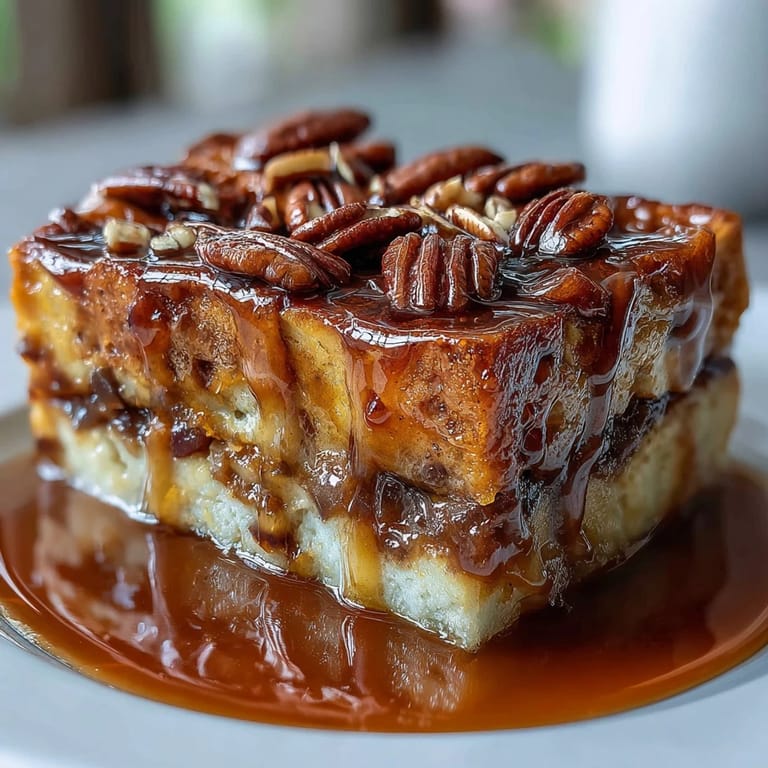A slice of warm Guava Caramel Bread Pudding with Pecans is lifted from the pan, showing gooey caramel and soft bread layered with guava.