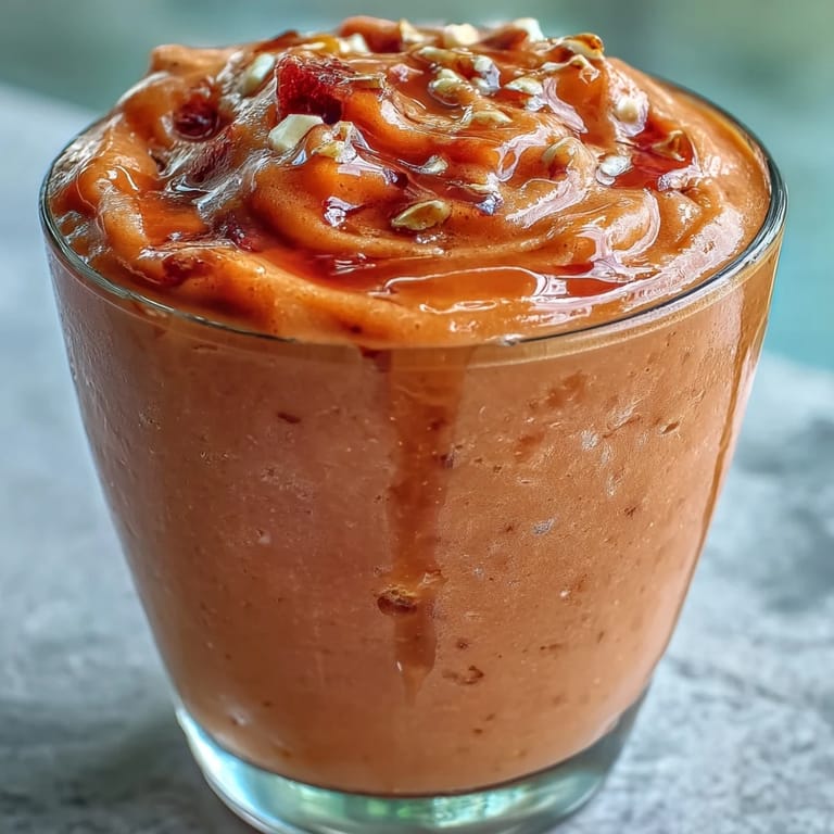 Bright pink Guava Juice Smoothie served over ice with a tropical fruit garnish and honey drizzle.