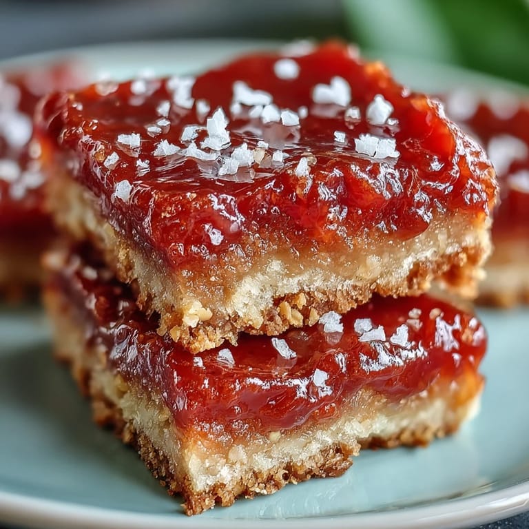 A close-up of Guava Cake Bars, revealing tender cake layers and ribbons of sweet, sticky guava paste.