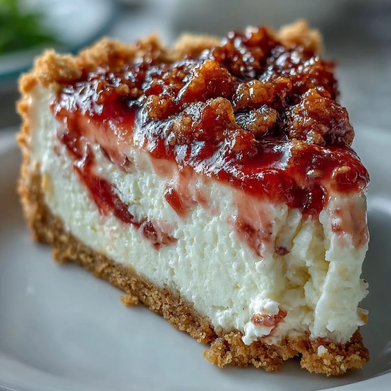 Close-up of Guava Cheesecake showing the rich texture of the cream cheese and the glossy, tangy guava marmalade topping.