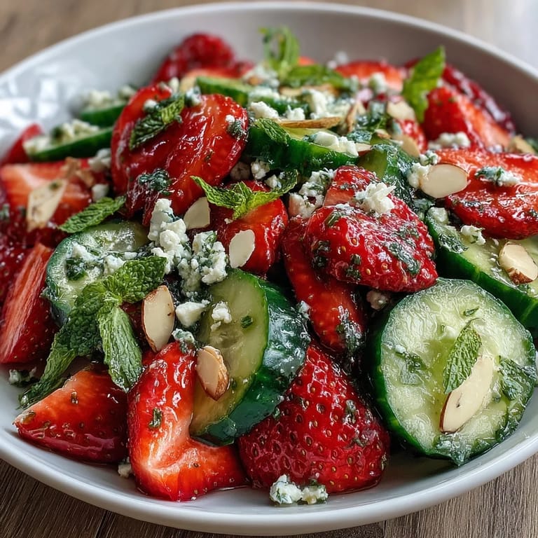 Vibrant cucumber and strawberry salad with fragrant mint, drizzled with lemon-honey dressing for a bright spring meal.  